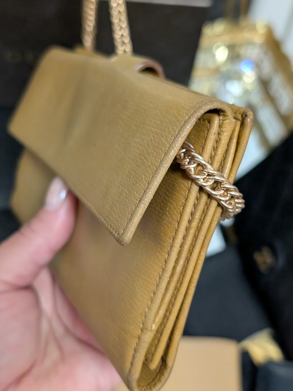 Gucci Camel Brown Leather Chain Crossbody Bag with Gold Hardware
